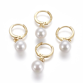 Brass Leverback Earrings, with Shell Pearl, Long-Lasting Plated, Golden, 25mm, Pin: 0.8mm