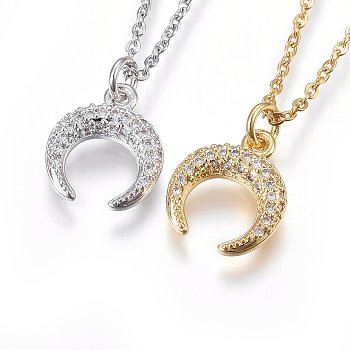 304 Stainless Steel Pendant Necklaces, with Cubic Zirconia, Double Horn/Crescent Moon, Clear, Mixed Color, 17.71 inch(45cm)