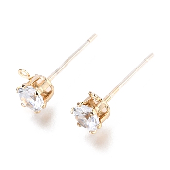 Brass Micro Pave Clear Cubic Zirconia Stud Earring Findings, with 925 Sterling Silver Pins and Loop, Long-Lasting Plated, Real 14K Gold Plated, 7.8x4.5x5.8mm, Hole: 0.8mm, Pin: 0.7mm