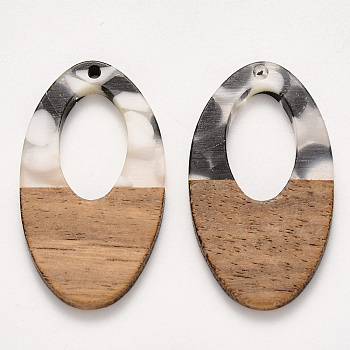 Transparent Resin & Walnut Wood Pendants, Waxed, Oval, Black, 38x21x4mm, Hole: 1.6mm
