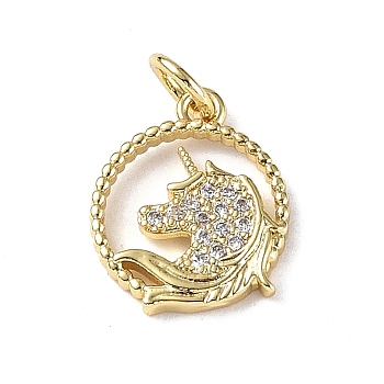 Brass Micro Pave Cubic Zirconia Charms, with Jump Rings, Round Ring & Unicorn Charms, Real 18K Gold Plated, 14x11.5x2mm, Hole: 3.2mm