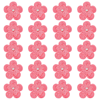 20Pcs 3D Flower Polyester Lace Computerized Embroidery Ornament Accessories, with Imitation Pearl Beads, for DIY Clothes, Bag, Pants, Shoes Decoration, Hot Pink, 45x45x6.5mm
