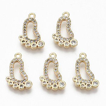 Brass Micro Pave Clear Cubic Zirconia Pendants, Nickel Free, Baby Feet, Real 18K Gold Plated, 15x10x2mm, Hole: 1.2mm