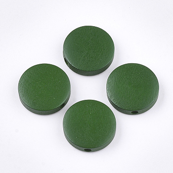 Painted Natural Wood Beads, Flat Round, Green, 15~15.5x4mm, Hole: 1.8mm
