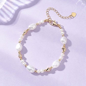 Natural Cultured Freshwater Pearl & Brass Beaded Bracelets for Women, Potato & Nuggets, Real 18K Gold Plated, 7.32 inch(18.6cm)