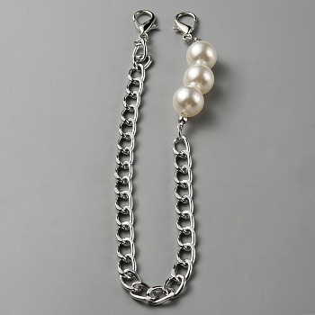 Aluminum Curb Chain Bag Handles, with Lobster Claw Clasps & Plastic Imitation Pearl, Platinum, 33.2cm