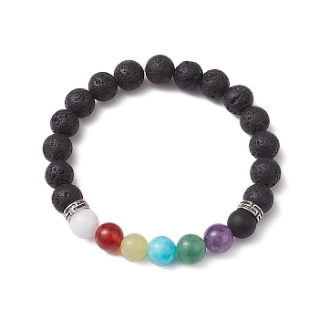 9mm Round Natural Lava Rock Chakra Beaded Stretch Bracelets for Women, Inner Diameter: 2 inch(5.2cm)