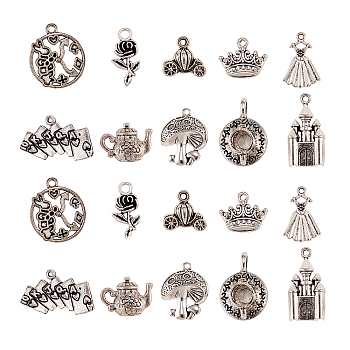 100Pcs 10 Styles Fairy Tales Theme Tibetan Style Alloy Pendants, Rabbit with Clock & Teapot & Mushroom & Crown & Castle & Pumpkin Carriage, Lead Free and Cadmium Free, Antique Silver, 22.5x19x3mm, Hole: 2mm, 10pcs/style