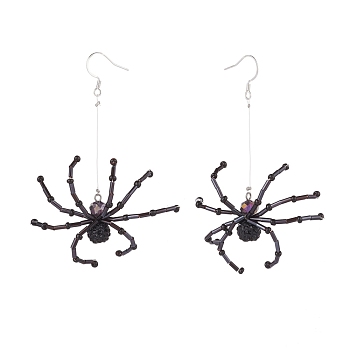 Glass Seed Braided Spider Long Dangle Earrings, 304 Stainless Steel Halloween Jewelry for Women, Black, 86mm, Pin: 0.7mm