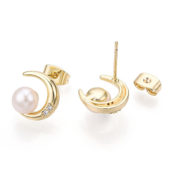 Natural Pearl Stud Earrings with Cubic Zirconia, Brass Moon Earrings with 925 Sterling Silver Pins, Real 18K Gold Plated, 11x11mm, Pin: 0.8mm