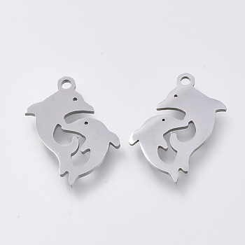 201 Stainless Steel Pendants, Laser Cut Pendants, Dolphin, Stainless Steel Color, 17x15x1mm, Hole: 1.2mm