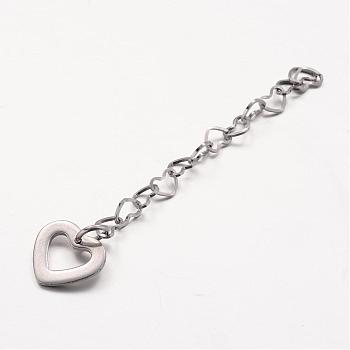 304 Stainless Steel Heart Link Chain Extender, with Heart Charms, Stainless Steel Color, 57.5x3.5mm
