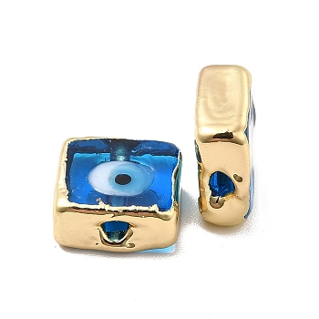 Brass Enamel Beads, Long-Lasting Plated, Real 18K Gold Plated, Square with Evil Eye Pattern, Dodger Blue, 10~11x10~11x4.5~5.5mm, Hole: 1.6~1.8mm