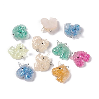 Translucent Resin Pendants, Glitter Unicorn Charms, with Platinum Tone Iron Loops, Mixed Color, 25x25x9mm, Hole: 2mm
