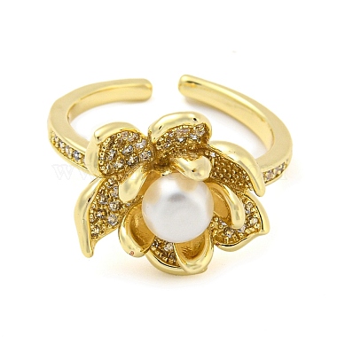 Natural Pearl Lotus Open Cuff Ring with Rhinestone(RJEW-H220-17G)-2