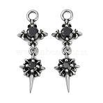 316 Surgical Stainless Steel Micro Pave Cubic Zirconia Pendants, Antique Silver, Flower & Star Charm, Black, 28.5x10x3.5mm, Hole: 2.2mm(X-STAS-G349-03AS-01)
