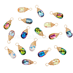 30Pcs Faceted Glass Pendants, with Copper Jewelry Wire, Real 18K Gold Plated, Teardrop, Mixed Color, 20~21x9x5mm, Hole: 1.5~2mm(FIND-GA0002-69)