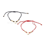 Adjustable Nylon Thread Braided Bead Bracelets, with Brass Beads, Heart, Mixed Color, Inner Diameter: 1/2~3-1/2 inch(1.4~8.9cm), 2pcs/set(BJEW-JB06437)