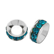 Brass Rhinestone Spacer Beads, Grade A, Rondelle, Silver Color Plated, Blue Zircon, 10x4.2mm, Hole: 5.2~5.7mm(RB-A020-10mm-06S)