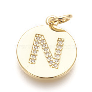 Brass Micro Pave Cubic Zirconia Pendants, Lead Free & Cadmium Free, Flat Round with Letter, Golden, Letter.N, 17.5x15x1.5mm, Hole: 3mm(ZIRC-E152-06N-G-RS)