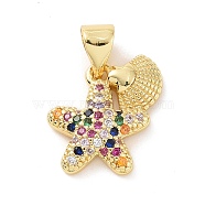 Brass Micro Pave Cubic Zirconia Charms, Starfish with Shell Shape Charm, Real 18K Gold Plated, Colorful, 13.5x13x2.5mm, Hole: 3x4mm(KK-G444-02G-03)