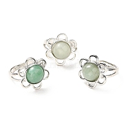 Natural Green Aventurine Adjustable Rings, Platinum Tone Flower Brass Rings for Women, Cadmium Free & Lead Free, US Size 7 3/4(17.9mm), 3~7mm(RJEW-P043-01P-17)