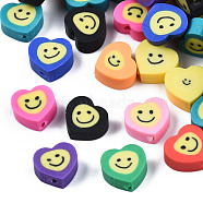 Handmade Polymer Clay Beads, Heart with Smile, Mixed Color, 8.5~9.5x9.5x3~5mm, Hole: 1.4mm(CLAY-T019-07)