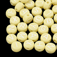 Opaque Acrylic Beads, Horizontal Hole, Mixed Letters, Flat Round with Letter, Random Letters, Champagne Yellow, 7x4mm, Hole: 1.5mm, about 3700pcs/500g(MACR-S273-11D)