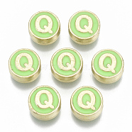 Alloy Enamel Beads, Cadmium Free & Nickel Free & Lead Free, Flat Round with Initial Letters, Light Gold, Letter.Q, 8x4mm, Hole: 1.5mm(ENAM-S122-028Q-NR)