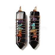 7 Chakra Gemstone Big Pendants, Bullet Shape Charms with Glass and Golden Plated Brass Wire Wrapped, Black, 58.5x11.5x14mm, Hole: 5x4.5mm(G-H308-04G-02)