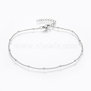 304 Stainless Steel Anklets, with Lobster Claw Clasps, Round Beads and Cable Chains, Stainless Steel Color, 220mm, 1.4mm(AJEW-H013-03P)