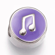 304 Stainless Steel European Beads, with Enamel, Large Hole Beads, Flat Round with Musical Note, Stainless Steel Color, Lilac, 11x8mm, Hole: 5mm(STAS-F195-116P)