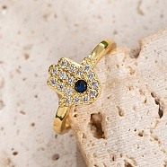 Rack Plating Brass Micro Pave Cubic Zirconia Open Cuff Finger Rings for Women, Long-Lasting Plated, Hamsa Hand, Real 18K Gold Plated, 10mm(RJEW-M028-98G)