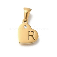 304 Stainless Steel Heart Pendants with Rhinestone, Golden, Letter R, 11x13x2.5mm, Hole: 5x3mm(STAS-Z103-01G-18)