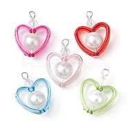 Transparent Acrylic Pendants, with Baking Painted Pearlized Glass Pearl Round Beads, Heart, Mixed Color, 21x16x5mm, Hole: 2mm(PALLOY-JF02332)