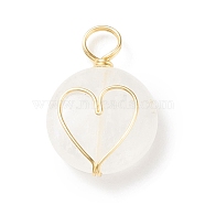Natural Quartz Crystal Pendants, Rock Crystal Pendants, with Real 18K Gold Plated Eco-Friendly Copper Wire Wrapped, Flat Round with Heart Charm, 22x16x5.5mm, Hole: 3~4.5mm(PALLOY-JF01751-02)