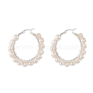 Natural Pearl Wire Wrapped Beaded Hoop Earrings for Women, Silver, White, 42x45x8mm, Pin: 0.8mm(EJEW-JE04758-03)