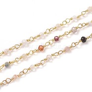3.28 Feet Natural Mixed Stone Handmade Beaded Chains, with Brass Findings, Golden, Unwelded, Round, Faceted, 12x1~1.25mm, Bead: 2.5mm(X-CHC-K008-A05)