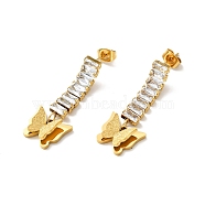 Ion Plating(IP) 304 Stainless Steel Butterfly Long Dangle Stud Earrings with Glass for Women, Golden, 35x13x5mm, Pin: 0.9mm(EJEW-P203-05G)