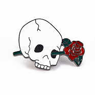 Alloy Enamel Brooches, Enamel Pins, with Brass Butterfly Clutches, Skull with Rose, Cadmium Free & Nickel Free & Lead Free, Gunmetal, White, 23.5x32.5mm, Pin: 1mm(JEWB-S011-064-NR)