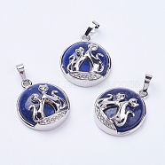 Natural Lapis Lazuli Pendants, with Brass Findings, Flat Round with Fox, Platinum, 28~29x23~24x9~10mm, Hole: 5x7mm(G-K234-A05)