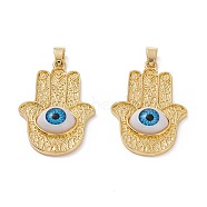 5Pcs Brass Pendant, with Resin Eye Cabochons, Long-Lasting Plated, Hamsa Hand, Real 18K Gold Plated, Dodger Blue, 40x26x6mm, Hole: 5x3.5mm(KK-SZ0004-18)