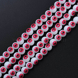 Baking Painted Opaque Glass Beads Strands, Round with Evil Eye, Deep Pink, 8x7.5mm, Hole: 1.2mm, about 50~52pcs/strand, 14.57 inch~15.43 inch(37~39.2cm)(DGLA-N033-04-D03)