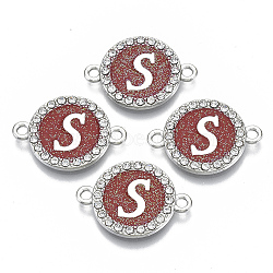 Alloy Enamel Links Connectors, with Crystal Rhinestones, Flat Round with Letter, Silver Color Plated, Letter.S, 22x16x2mm, Hole: 1.8mm(ENAM-TAC0003-01S-05S)