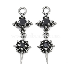 316 Surgical Stainless Steel Micro Pave Cubic Zirconia Pendants, Antique Silver, Flower & Star Charm, Black, 28.5x10x3.5mm, Hole: 2.2mm(X-STAS-G349-03AS-01)