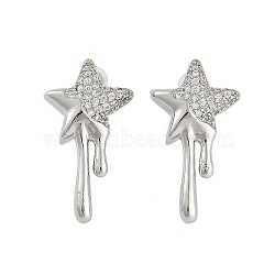 Brass Clear Cubic Zirconia Stud Earrings for Women, Long-Lasting Plated, Star, Stainless Steel Color, 25x13.5mm(EJEW-D280-03P-02)