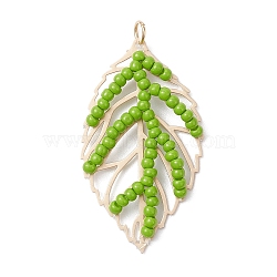 Handmade Glass Seed Beaded Leaf Shape Pendants, with 304 Stainless Steel Jump Rings Loop and Brass Pendants, Green, 34.5x19.5x2.5mm, Hole: 3mm(PALLOY-MZ00935-01)