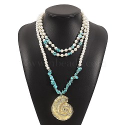 Boho Dyed Synthetic Turquoise Chip & Plastic Pearl Multi Layered Necklaces, Summer Beach Snail Alloy Pendant Necklaces for Women, Golden, Turquoise, 16.54 inch(42cm)(NJEW-U006-04A-G)