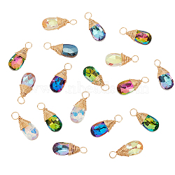 30Pcs Faceted Glass Pendants, with Copper Jewelry Wire, Real 18K Gold Plated, Teardrop, Mixed Color, 20~21x9x5mm, Hole: 1.5~2mm(FIND-GA0002-69)