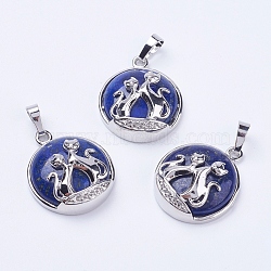 Natural Lapis Lazuli Pendants, with Brass Findings, Flat Round with Fox, Platinum, 28~29x23~24x9~10mm, Hole: 5x7mm(G-K234-A05)